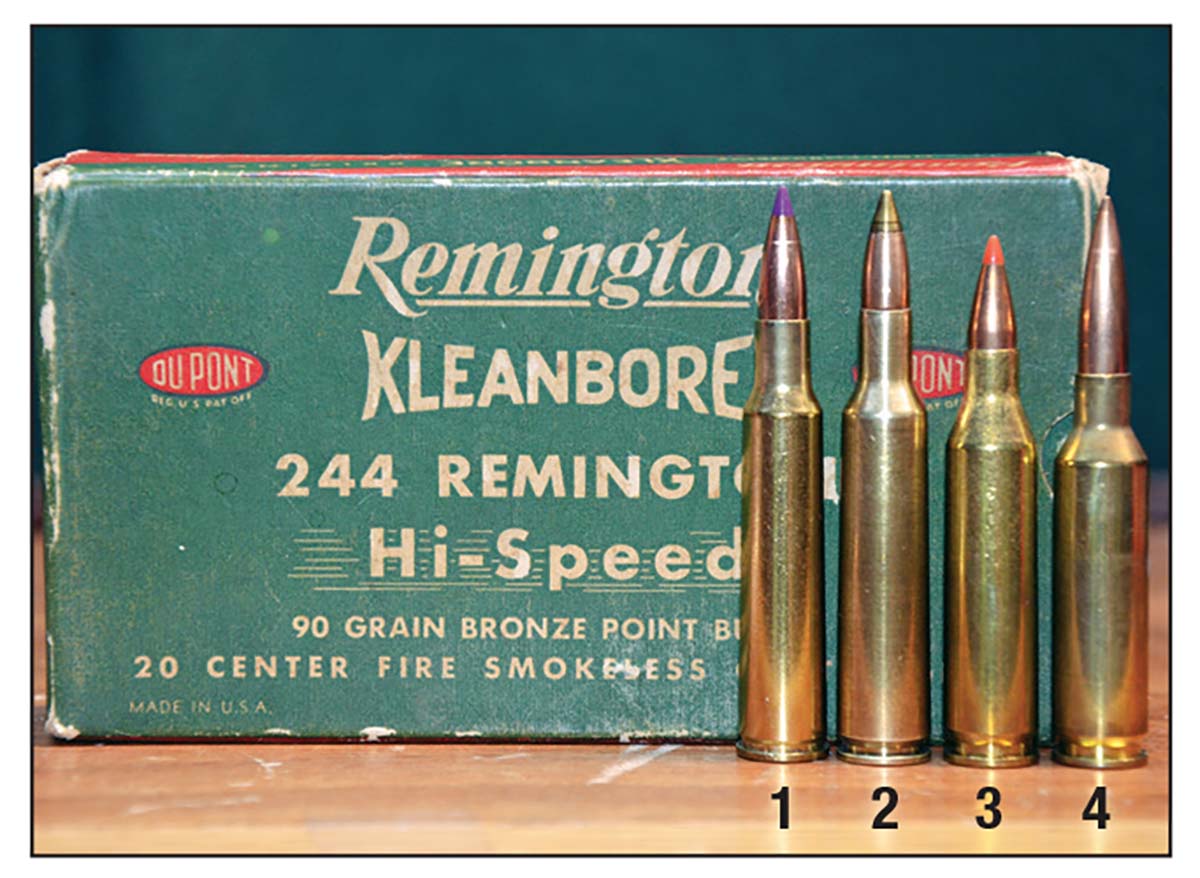The 6mm Swift case has less capacity than the Remington cartridge, as well as the 243 Winchester and 6mm Creedmoor cases: (1) 6mm Swift, (2) 244 Remington, (3) 243 Winchester and (4) 6mm Creedmoor.